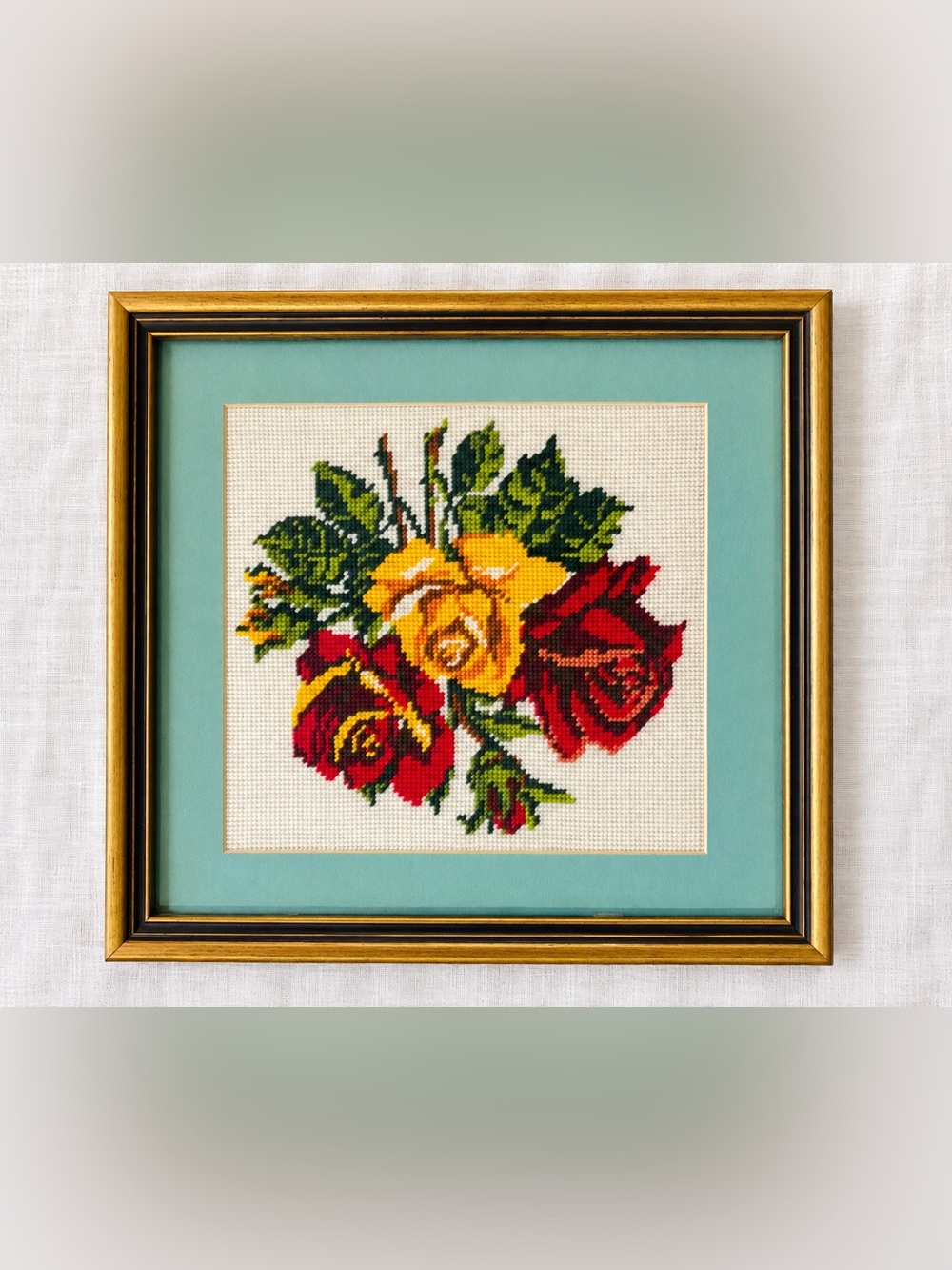 Vintage Framed Floral Needlepoint Rose Wall Art 13” x 13” Cottagecore